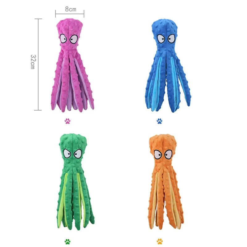 OctoPlay Dog Squeaky Toy - No Stuffing Octopus Plush for Interactive Chew | Multiple Colors